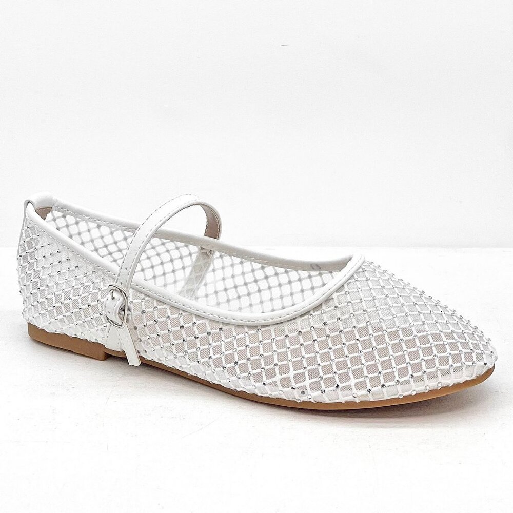 New Womens White Rhinestone Mesh Mary Jane Ballet Flats